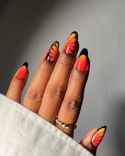 Orange Butterfly Nails, Nail Art Papillon, Bright Summer Nails Designs, Butterfly Nail Designs, Summer Nail Polish, September Nails, Animal Nails, Almond Shape, Nails Almond