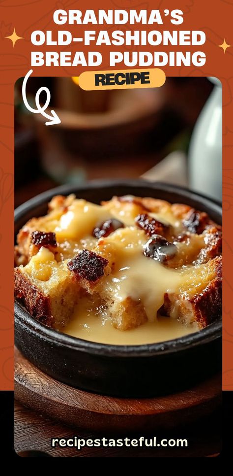 This classic Grandma��’s Old-Fashioned Bread Pudding is the epitome of comfort food! Made with cubed white bread, raisins (optional), and a creamy vanilla sauce, this rich and indulgent dessert is perfect for any occasion. The vanilla sauce is the star of the dish, adding a luscious touch to the warm, golden-baked pudding.#breadpudding #comfortfood #vintagebaking #vanillasauce #homemadepudding #oldfashionedrecipe #dessertrecipes Vanilla Bread Pudding Recipe, Bread Pudding With Raisins Recipe, Vanilla Bread Pudding, Old Fashioned Bread Pudding Recipe, Southern Bread Pudding, Vanilla Bread, Bread Pudding With Vanilla Sauce, Classic Bread Pudding, Best Bread Pudding Recipe