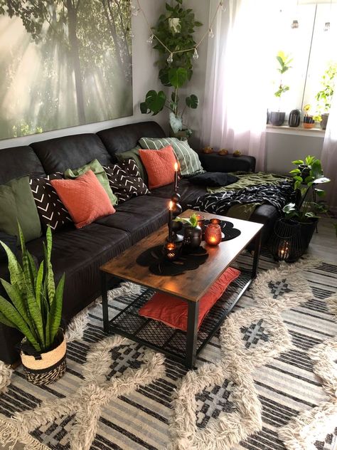 Living Room Ideas Black Leather Couch, Black Couch Green Accents, Boho Black Furniture, Black Boho Apartment, Dark Boho Living Room Ideas, Black Boho Furniture, Black And Earth Tones Living Room, Black Couch Living Room Decor Boho, Black Couch Boho Living Room