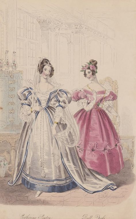 NineteenTeen: Fashion Forecast: 1833, Part 1 Court Gown, 1830s Fashion, Fashion Timeline, White Satin Dress, Decades Of Fashion, 1800s Fashion, Court Dresses, Fancy Costumes, 19th Century Fashion