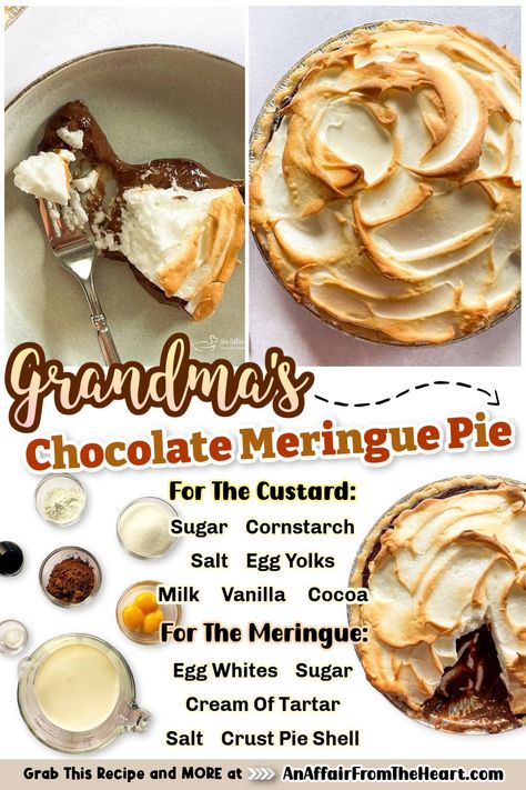 Slice of Grandma's Chocolate meringue pie and the whole pie. Baked Chocolate Pie Recipe Old Fashioned, Old Fashioned Chocolate Cream Pie, Old Fashioned Chocolate Pie With Meringue, Homemade Chocolate Meringue Pie, Chocolate Mirangue Pie Recipe, Old Fashioned Chocolate Meringue Pie, Homemade Chocolate Pie Recipe, Chocolate Cream Pie With Meringue, Chocolate Pie Meringue