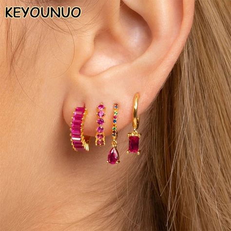 KEYOUNUO Gold Filled Stud Earrings Set For Women Ear Cuffs Colorful Zircon Dangle Hoop Earrings Fashion Party Jewelry Wholesale Hoop Piercing, Hoop Earrings Style, Dangle Hoop Earrings, Vintage Lovers, Ear Cuffs, Jewelry Wholesale, Stud Earrings Set, Party Jewelry, Jewelry Inspo