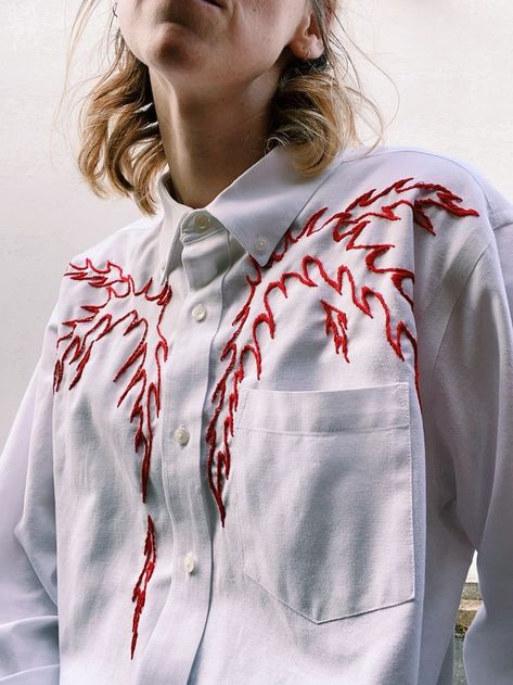 #upcycled #embroidery #tessaperlow Embroidery Designs Clothes, Embroidery Upcycle, Flame Shirt, Basic Hand Embroidery Stitches, Paper Clothes, Upcycle Shirt, Color Combinations For Clothes, Hand Embroidery Projects, Diy Clothes Life Hacks