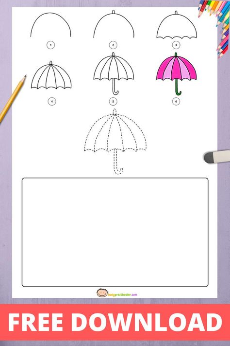 Use this free printable to teach kids how to draw an umbrella in six easy steps. Iris Folding, Easy Drawings For Kids, Basic Drawing, Teach Kids, Easy Drawing, Learn How To Draw, Step By Step Drawing, Printables Kids, Learn To Draw