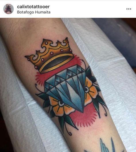 Traditional Tattoo Crown, Traditional Crown Tattoo, Tiara Tattoo, Traditional Tattoo Filler, Cover Up Tattoos For Men, Tattoo Fixes, Tattoo Filler, Diamond Tattoos, Instagram London