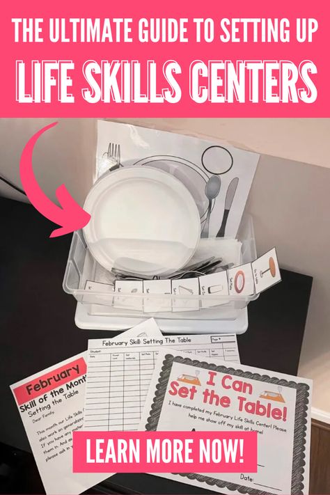 Are you wondering how to set up a life skills in the classroom? Today, I’m sharing life skill center set up. When setting up centers for life skills, gather the material and organize it into bins. Decide on the life skills that will be taught for the month in your special education classroom. I like to create a life skills schedule for the year to stay organized. Finally, the students get to work during these independent stations with some help from the adults in the room. Life Skills Centers, Teaching Executive Functioning Skills, Special Ed Classroom, Ed Classroom, Future Skills, Teaching Executive Functioning, Special Education Lesson Plans, Asd Classroom, Middle School Special Education