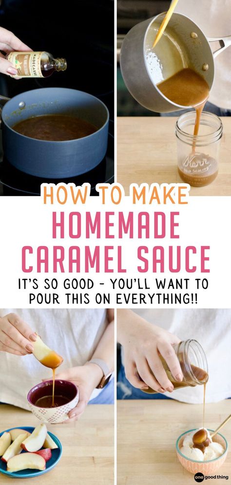 caramel sauce being made and served on different dishes Brown Sugar Caramel Sauce, Make Your Own Caramel, Easy Homemade Caramel Sauce, Easy Homemade Caramel, Brown Sugar Caramel, Caramel Sauce Recipe, Make Brown, Make Brown Sugar, Caramel Recipes Sauce