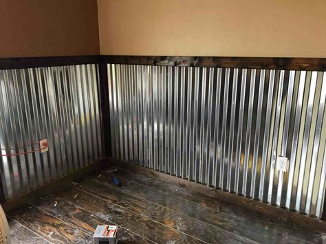 Expert How-to; Wainscot a Wall with Tin with Beautiful Results! - Two Oaks Farm Talk - Downhome Conversation Barn Tin Wall, Galvanized Tin Walls, Tin Wainscoting, Corrugated Metal Wall, Sleeping Nook, Barn Tin, Living Pool, Corrugated Tin, Tin Wall