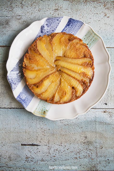 Upside Down Caramelized Pear and Almond Cake #recipe via FoodforMyFamily.com @Shaina Olmanson | Food for My Family Gluten Free Almond Cake, Pear Upside Down Cake, Caramelized Pear, Pear Almond, Pear And Almond Cake, Baked Pears, Almond Cake Recipe, Pear Cake, Pear Recipes