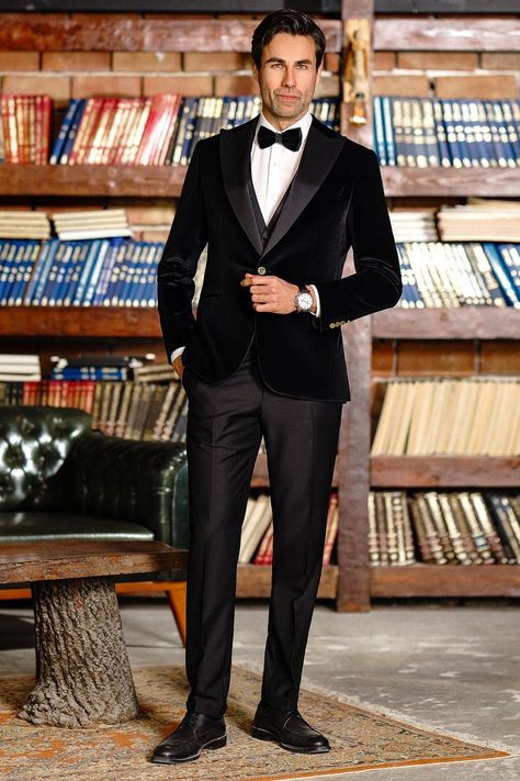 Dive into the depths of sophistication with our Black Velvet Slim-Fit Tuxedo 3-Piece ensemble. As you embark on a journey draped in luxurious velvet, prepare to command attention and captivate hearts with every stride. #suits #suit #slimfit #tuxedo #velvettuxedo #blacktuxedo #formallook #formalwear #mensstyle #menfashion Black Velvet Suit Mens, Black Velvet Blazer Men, Velvet Wedding Suit, Black Velvet Tuxedo, Blazer Waistcoat, Double Breasted Tuxedo, Suit Stores, Velvet Wedding, Backyard Reception