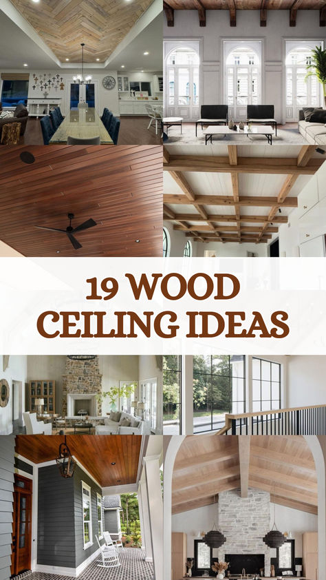 A stunning collage featuring wood ceiling ideas, showcasing diverse designs from rustic exposed beams and modern geometric patterns to sleek tongue-and-groove finishes. Perfect for adding warmth and character to any space, whether a cozy living room, elegant dining area, or inviting outdoor porch. Slotted Wood Ceiling, Wood Walls And Ceiling Living Room, Ceilings With Beams Living Rooms, Wood Ceiling With Crown Molding, Wood Ceiling Kitchen Ideas, Wood Accent Ceiling Ideas, Wood Planks On Ceiling, Ceiling Planks Ideas, Interesting Ceiling Ideas