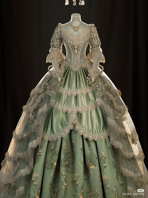 1800s Ball Gown Aesthetic, Old Princess Dresses Ball Gowns, 1700 Fashion Women, 1800s Royal Fashion, Old Gowns 18th Century, Victorian Dress Green, 1700 Dresses Gowns, Ball Gowns 1800s, 1700s Ballgown