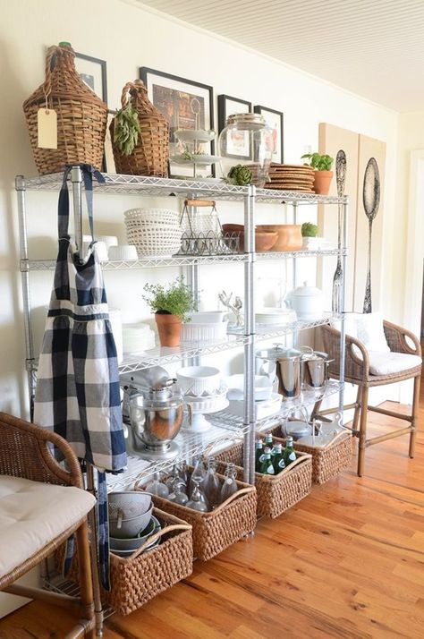 Pinned But Forgotten: Kitchens & Dining Rooms - Emily A. Clark Kitchen Shelf Baskets, Metal Rack Kitchen Storage, Kitchen Wire Shelving Organization, Metal Shelf Kitchen Storage, Metal Racks Storage Ideas Kitchen, Exposed Kitchen Storage, Chrome Shelving Ideas, Wire Rack Shelving Ideas, Wire Shelves Kitchen