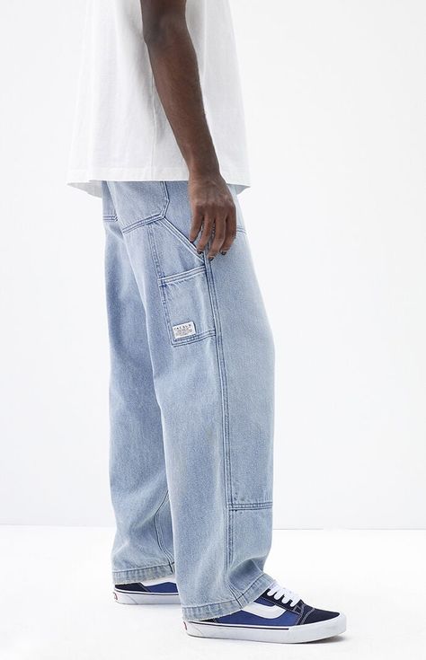 Experience comfort and utility in the PacSun Light Indigo Baggy Carpenter Jeans. These jeans feature a classic relaxed fit with a wide leg and panel detailing on the front, complemented by a clean light indigo wash. With utility details including a woven tag with branded genuine goods tag, tool pocket, and hammer loop detail, they blend practicality with timeless style for a versatile wardrobe staple.Model is wearing a size 32Model Measurements: 6'1” Height, 31” Waist, 32” InseamLearn more about PacSun eco items PacSun Mens Light Indigo Baggy Carpenter Jeans - Blue size 30W 30L Skater Style Men, Mens Baggy Jeans, 90s Skater Fashion, Lau Lau, Baggy Carpenter Jeans, Fire Clothes, Jeans Outfit Men, Pacsun Mens, Trendy Boy Outfits