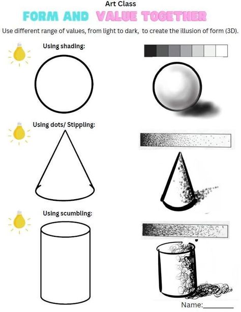 What to do: After previous lessons of the elements of art form and value, now we are going to use value to create the illusion of form using shading, stippling, and scumbling. Elements Of Art Value, Scumbling Art, Element Of Form Art Projects, Shape And Form Art Projects, Element Of Art Value, Form Art Projects, Elements Of Art Form, Element Of Value Art Project, Elements Of Art Shape