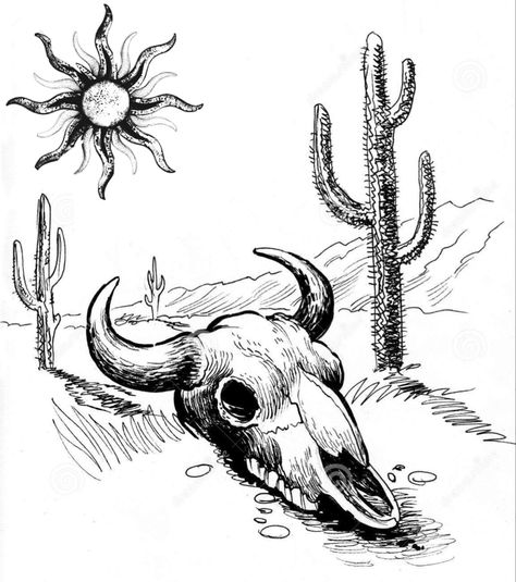 Chest Tattoo Lettering, Animal Skull Drawing, Desert Drawing, Bison Skull, Bull Painting, Bull Tattoos, Western Artwork, Scene Drawing, Desert Animals