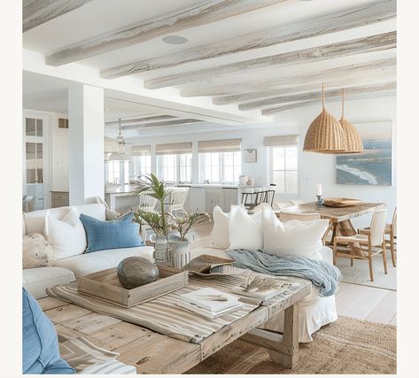 Beach House Living And Dining Room, Coastal Sunroom Decorating Ideas, Coastal Interior Design Hampton Style, Grandma Coastal Decor, Living Room Inspiration Blue, Tiki House, Modern Coastal Living Room, Florida Decorating, Rustic Coastal Decor