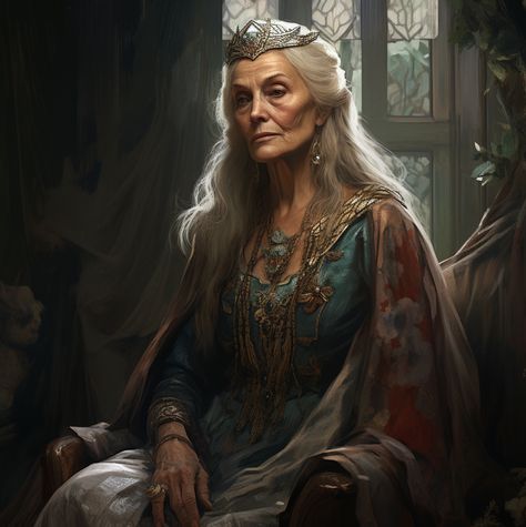 Old Queen Fantasy Art, Dragon Queen Fantasy Art, Old Elf Woman, Dnd Queen, Silver Hair Character, Dnd Noble Woman, Queen Fantasy Art, Medieval Character, Fantasy Queen