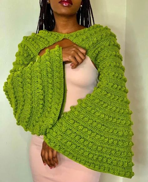 Wrap With Sleeves Crochet, Crochet Bell Sleeve Sweater Pattern Free, Bell Sleeve Crochet Cardigan, Crochet Arm Sleeves Free Pattern, Crochet Arm Sweater, Crochet Half Sweater, Crochet Sleeves Pattern Free, Arm Warmer Sweater, Eye Pants