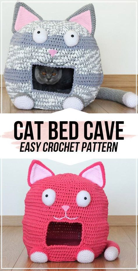 Crochet Cat Bed Cave FREE Pattern - easy crochet cat bed pattern for beginners Cat Bed Pattern, Bed Cave, Crochet Cat Bed, Cat Couch, House Pattern, Cat House Diy, Crocheted Cat, Handmade Charlotte, Cat Cave