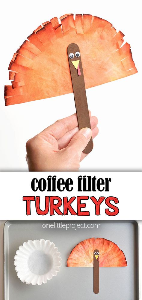 This coffee filter turkey craft is SO EASY to make, using simple supplies, and it's such a fun kids craft for fall. Transform a plain coffee filter and a wooden tongue depressor into a turkey! Such a fun Thanksgiving craft idea! Coffee Filter Turkey, Turkey Craft For Kids, Craft Thanksgiving, Thanksgiving Activities Preschool, Thanksgiving Crafts For Toddlers, Flower Snowflake, Thanksgiving Turkeys, Thanksgiving Crafts Preschool, Thanksgiving Turkey Craft