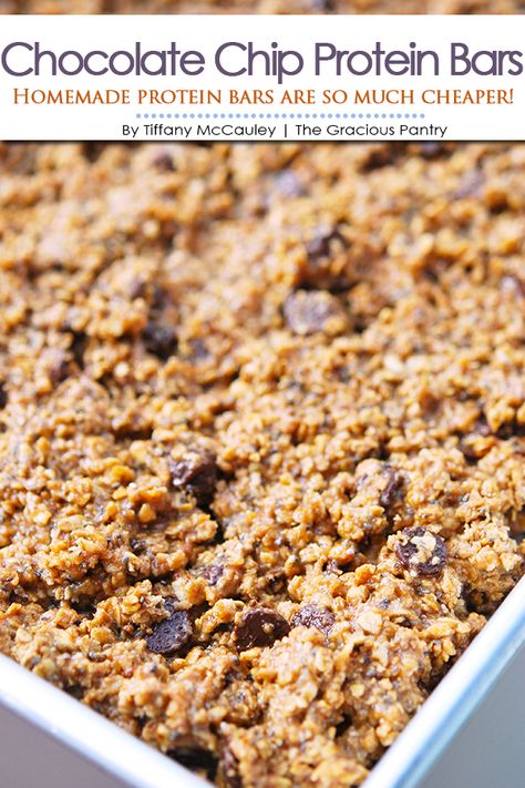 These Chocolate Chip Protein Bars are a fantastic, clean eating snack you make in batches at home! #proteinbars #proteinbarrecipes #proteinbarrecipe #homemadeprotienbars #cleaneating #eatclean #healthysnacks @healthysnackideas #snackideas ~ https://www.thegraciouspantry.com Whey Protein Snacks, Home Made Snack Bars, Home Made Protein Bars Healthy, Whey Protein Bars Homemade, Protein Granola Bars Homemade, Protein Oatmeal Bars, Home Made Protein Bars, Chocolate Chip Protein Bars, Group Snacks