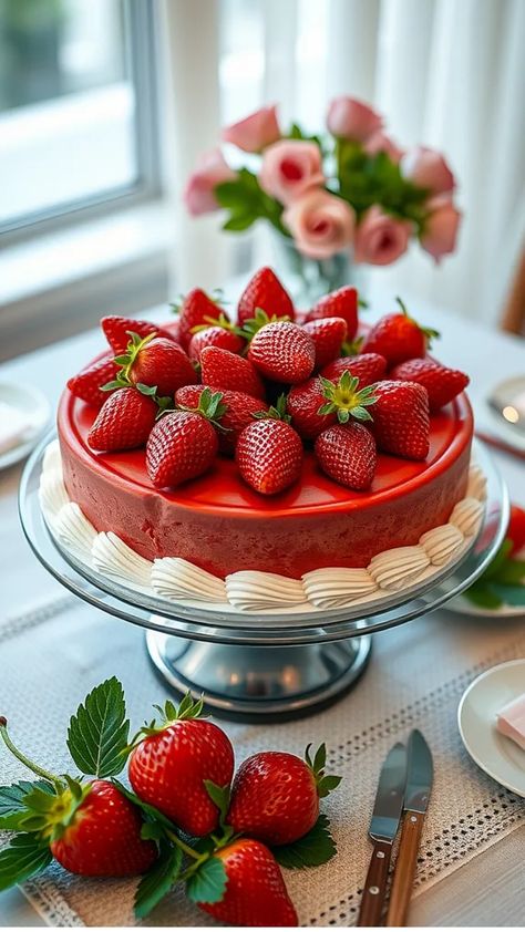 Strawberry-topped cake with whipped cream on a glass stand, surrounded by fresh strawberries and pink roses. Strawberry Theme Centerpieces, Strawberry Centerpieces, Strawberry Centerpiece Ideas, Strawberry Centerpiece, Cookie Arrangements, Simple Arrangements, Cake Centerpieces, Strawberry Theme, Valentines Baby Shower