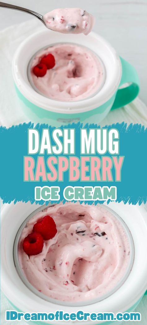 If you need an easy recipe for your Dash Mug ice cream maker, you have to try this raspberry ice cream! It uses fresh raspberries and chocolate chips to create a decadent treat that's ready in less than 30 minutes. Dash Ice Cream Recipes, Dash Mug Ice Cream Maker Recipes, My Mug Ice Cream Maker Recipes, Dash Ice Cream Mug Recipes, Dash My Mug Ice Cream Recipes, Dash Ice Cream Maker Recipes, Ice Cream Maker Recipes Healthy, Ice Cream Maker Machine, Raspberry Chocolate Chip