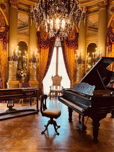 Fantasy Music Room, Pianist Aesthetic, Royal Piano Room, Grand Piano Aesthetic, Dark Aethstetic, Grand Piano Living Room, Instrument Room, Grand Piano Room, Royal Music