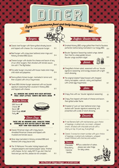 Wagga Bowl & Diner Menu by Allie Baird, via Behance                                                                                                                                                                                 Más 1950s Diner, 50's Diner, Menu Design Inspiration, Diner Menu, American Dinner, 50s Diner, Diner Decor, Vintage Diner, Menu Inspiration