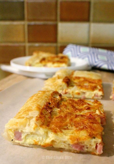 Ham and Cheese Puff Pastry Quiche | The Links Site Puff Pastry Quiche Pioneer Woman, Quiche Appetizers, Ham And Cheese Puff Pastry, Puff Pastry Quiche, Ham Cheese Puff Pastry, Puff Pastry Recipes Savory, Savoury Finger Food, Onion Quiche, Ham And Cheese Quiche