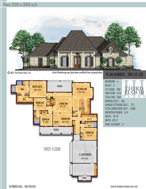 $800.00 House Plan 9 sets House Plans 2200-2500 Sq Ft, Floor Plan With Hearth Room, House Plans With Keeping Room Off Kitchen, Acadian Style House Plans Open Floor, Keeping Room With Fireplace, 4 Bedroom Acadian House Plans, Acadian Cottage, Garage With Storage, Large Porch