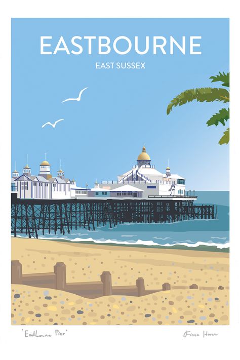 Eastbourne England, Illustrated Poster, Wanderlust Decor, Beach Illustration, Railway Posters, Lettering Art, Seaside Town, Retro Advertising, Skyline Art