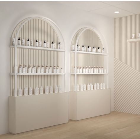 Beauty Salon Retail Display Ideas, Small Retail Store Design Boutiques, Arch Shelving, Retail Shelving Display, Small Retail Store Design, Arch Shelves, Salon Retail Display, Retail Display Shelves, Retail Store Interior Design