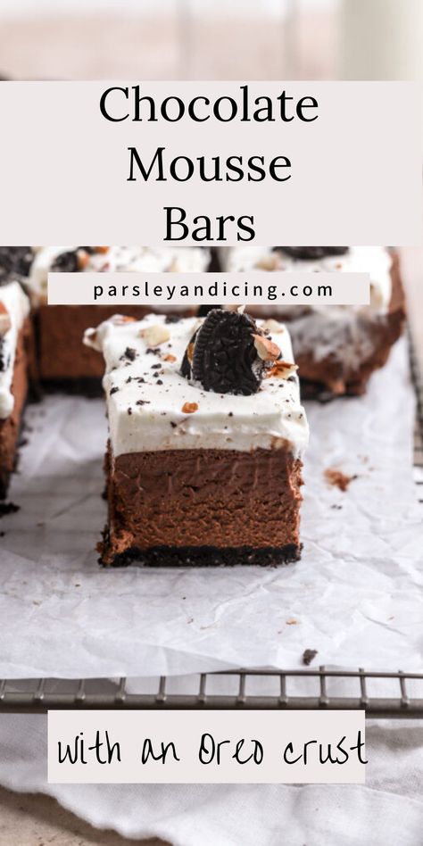 No Bake Chocolate Mousse Bars, Chocolate Mousse Bars, No Bake Chocolate Mousse, Oreo Mousse, Almond Crust, Easy Ice Cream Cake, Edible Cookie Dough Recipe, Mousse Cakes, Cheesecake Mousse