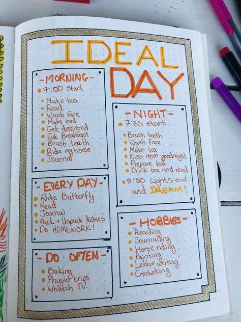 Bujo Ideal Day, Ideal Day Journal, Ideal Self Journal, Ideal Day Bullet Journal, Ideal Day Routine, Ideal Day, Bullet Journal Month, Study Planner Printable, Whimsical Art Journal