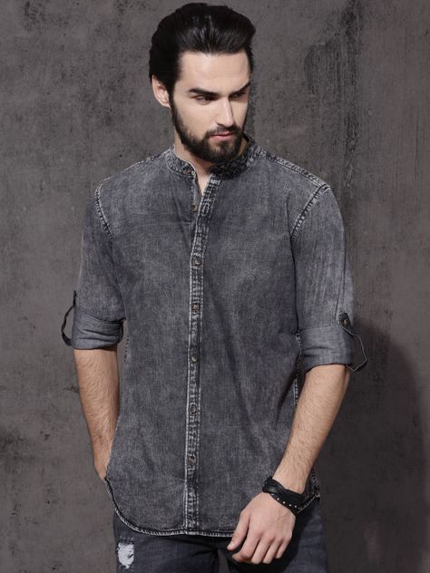 Roadster Men Grey Regular Fit Faded Casual Denim Shirt - | 749 Latest Mens Wear, Casual Denim Shirt, Trendy Clothes, Clothing Brands, 1 Place, Fashion Website, Clothes And Accessories, Casual Denim, Latest Fashion For Women