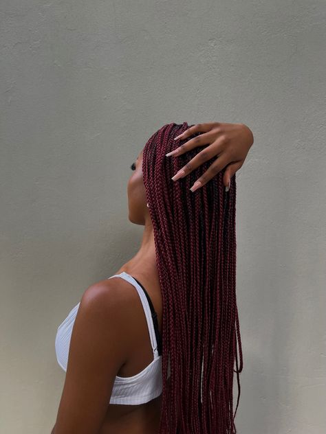 Long Red Braids For Black Women, Winter Braids For Black Women Colors, Burgundy Red Box Braids, Dark Burgundy Box Braids, Red Single Braids, Wine Red Braids For Black Women, Wine Red Box Braids, Cherry Red Braids Black Women, Deep Red Box Braids