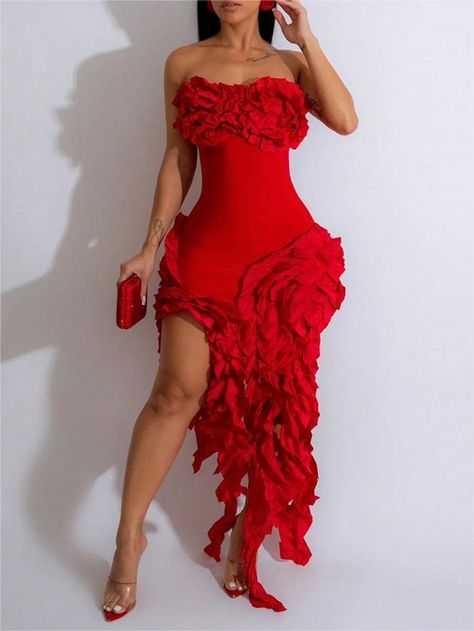 Women Sexy Strapless Irregular Fringed Solid Color DressI discovered amazing products on SHEIN.com, come check them out! Birthday Dress From Shein, Birthday Dress For Women, Long Dresses For Women, Birthday Dress Women, Boho Beach Dress, Birthday Inspo, Dress Woman, Woman Dress, Split Maxi Dress