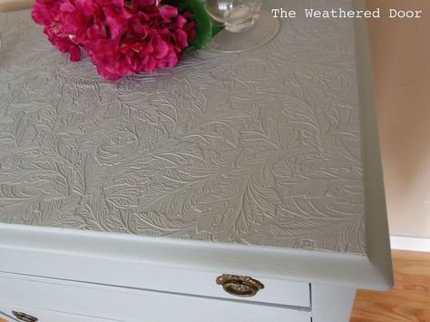 use paintable wallpaper to cover ruined furniture tops, painted furniture, The wallpaper adds some interest and texture to the top of the dresser Dresser With Wallpaper, Wallpaper Dresser, Wallpaper Top, Restoring Old Furniture, Paintable Wallpaper, With Wallpaper, Dresser Top, Shabby Chic Dresser, Dresser Decor