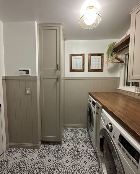 Wainscoting in laundry room after renovation. Laundry Room Redo, Ikea Laundry Room, White Laundry Rooms, Small Laundry Room Makeover, Plywood Projects, Basement Laundry Room, Basement Laundry, Laundry Closet, Small Laundry Room