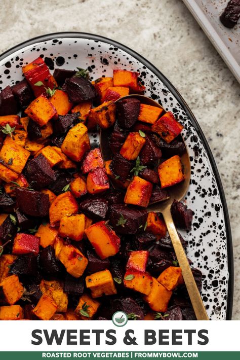 Roasted sweet potatoes and beets get tossed in a sweet, spicy, and cozy herbs and spices for an easy and delicious side dish! Roasted Beets And Sweet Potatoes Recipe, Roasting Beets In Oven, Roasted Veggies In Oven, Sweet Potato Recipes Roasted, Orange Sweet Potatoes, Vegan Holiday Recipes, Roasted Root Vegetables, Beet Recipes, Vegan Side Dishes