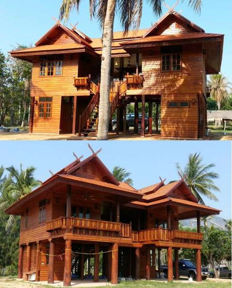 Model Twin-Lanna Thai House Design, House In Thailand, Wood House Design, Wooden House Design, Tropical House Design, Bamboo House Design, Thai House, House On Stilts, Rest House