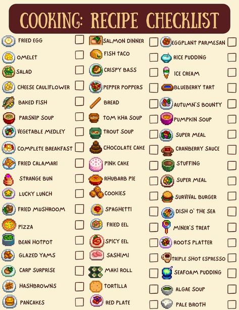 I created this printable stardew valley template for anybody to download and use for free! Find page two of the checklist on my "Life in the Valley" Board - also available for free download Have fun cooking and buying mini fridges 💜 Stardew Valley Cookbook, Stardew Valley Food, Stardew Valley Guide, Stardew Tips, Grocery Healthy, Stardew Ideas, Stardew Farms, Stardew Valley Layout, Stardew Valley Tips