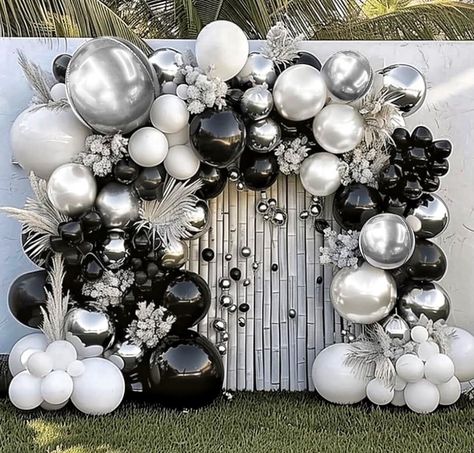 🎈 DOUBLE STUFFED BLACK WHITE SILVER BALLOONS - Our black white silver balloon garland kit include: 5'', 12" and 18" latex balloons in pearl white silver balloons. Especially there are different siazes balloons in this set, which will make your cream white black balloon arch more spectacular and gorgeous to give your guests a deep impression in your party! If you want to make a metallic silver black balloon garland, we recommend buying 2 packs of this balloon set. 🎈 HIGH QUALITY: Our shiny silv Black White Silver Balloons, Black White And Silver Backdrop Ideas, Black And Silver Dinner Party Decor, Black White Silver Birthday Decorations, Black And White Anniversary Party, Silver And Black Birthday Decorations, Black And Silver Balloon Arch, Black And White Centerpieces For Party, Black And White Birthday Decor