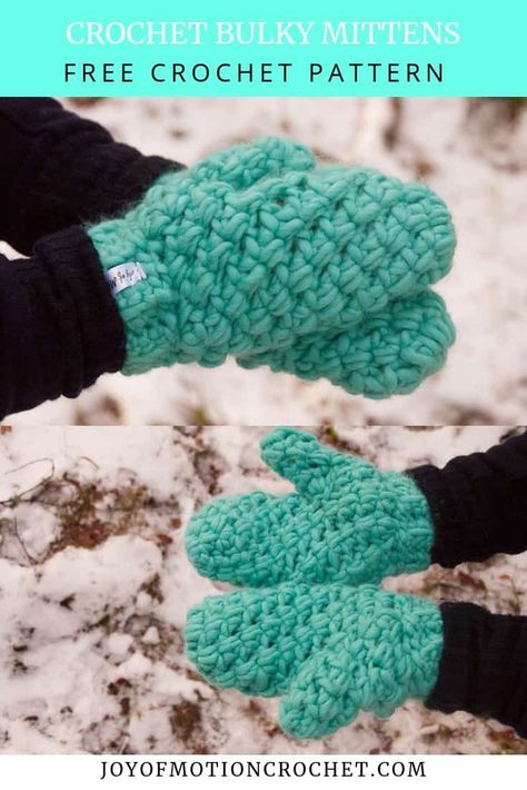 Bulky Mittens free Crochet Pattern. Crochet mittens quick pattern. Bulky weight crochet mittens. Crochet gloves. How to crochet mitttens. Winter crochet pattern idea for women. Christmas gift crochet idea. #crochetpattern #crochetmittens #crochetgloves #crochetpatternmittens #crochet via @joyofmotion Bulky Crochet, Crochet Mitts, Crochet Mittens Free Pattern, Crochet Mittens Pattern, Winter Crochet, Crochet Mittens, Crochet Winter, Crochet Gloves, Mittens Pattern