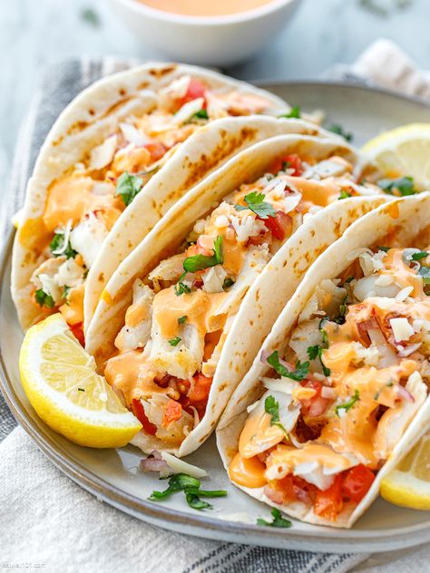 Fish Tacos With Flounder, Perch Fish Tacos, Haddock Taco Recipes, Maui Maui Fish Tacos Recipes, Easy Tilapia Fish Tacos, Flounder Taco Recipes, Recipes With Frozen Fish, Swordfish Tacos Recipes, Leftover Cod Recipes