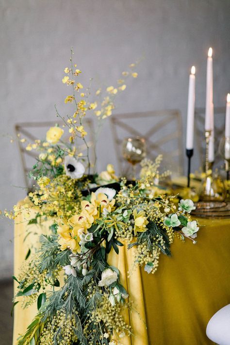 modern black and yellow wedding ideas | Browse Wedding & Party Ideas | 100 Layer Cake Mustard Yellow Wedding, Green Spring Wedding, Yellow Wedding Decorations, Wedding Table Garland, Yellow Wedding Inspiration, Yellow Wedding Theme, Table Garland, Yellow Wedding Flowers, Yellow Table