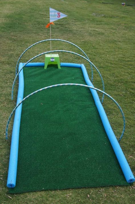 At Home Putt Putt Course, Diy Mini Golf Course Ideas Outdoor, Hole In One First Birthday Games, Three Year Old Golf Party, Golf Party Favors For Kids, Golf 4th Birthday Party, Partee Golf Party, Putt Putt Golf Diy Ideas, Birthday Cake 30th Men