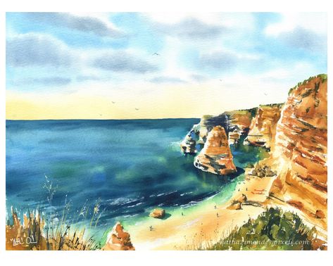 Painting Portugal Portuguese Paintings, Portugal Painting, Mediterranean Climate, Beach Drawing, Watercolor Art Landscape, Beach Paintings, Castle Art, Watercolor Cat, Sea Art